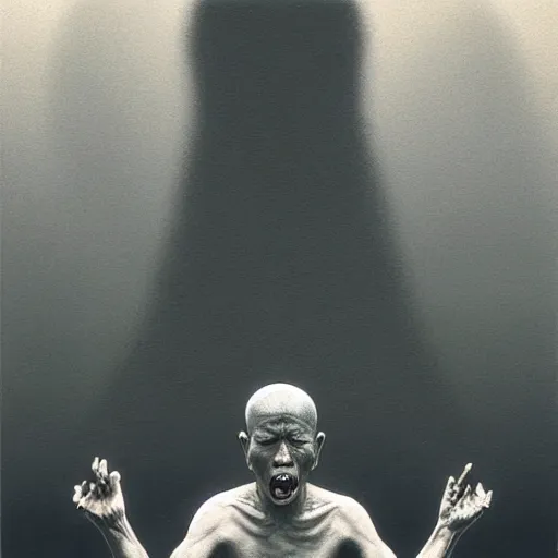 Image similar to a monk screams once he reaches the same enlightenment as the buddha, by gerard grom, zdzislaw beksinski and ansel adams, 4 k artstation