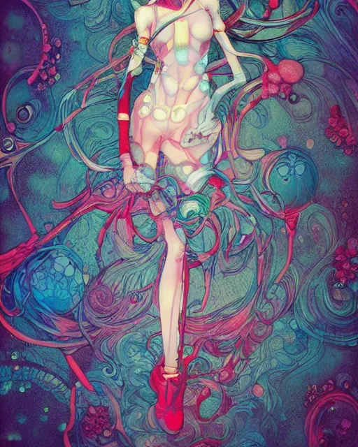 Image similar to james jean isolated deepdream vinyl figure harajuku style boy girl character design, figure photography, dynamic pose, holographic undertones, glitter accents on figure, anime stylized, accurate fictional proportions, high delicate defined details, ethereal lighting