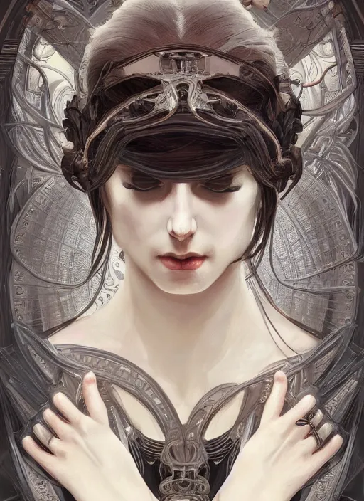 Image similar to symmetry!! pinup, machine parts embedded into face, intricate, elegant, highly detailed, digital painting, artstation, concept art, smooth, sharp focus, illustration, art by artgerm and greg rutkowski and alphonse mucha, 8 k