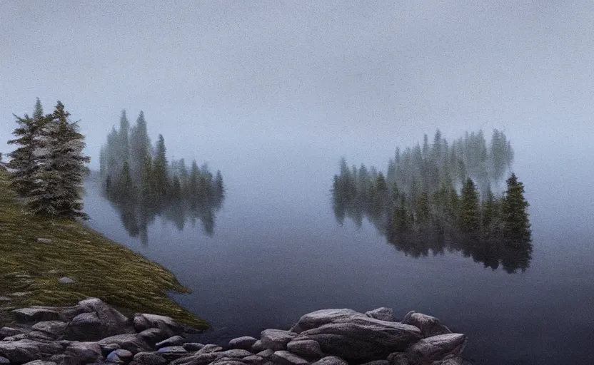 Image similar to extreme low angle showing the surface of a lake with a rocky lake shore in the foreground, scene from a film directed by charlie kaufman ( 2 0 0 1 ), foggy volumetric light morning, moody cinematography, cinematic trending on artstation in the style of greg rutkowski,