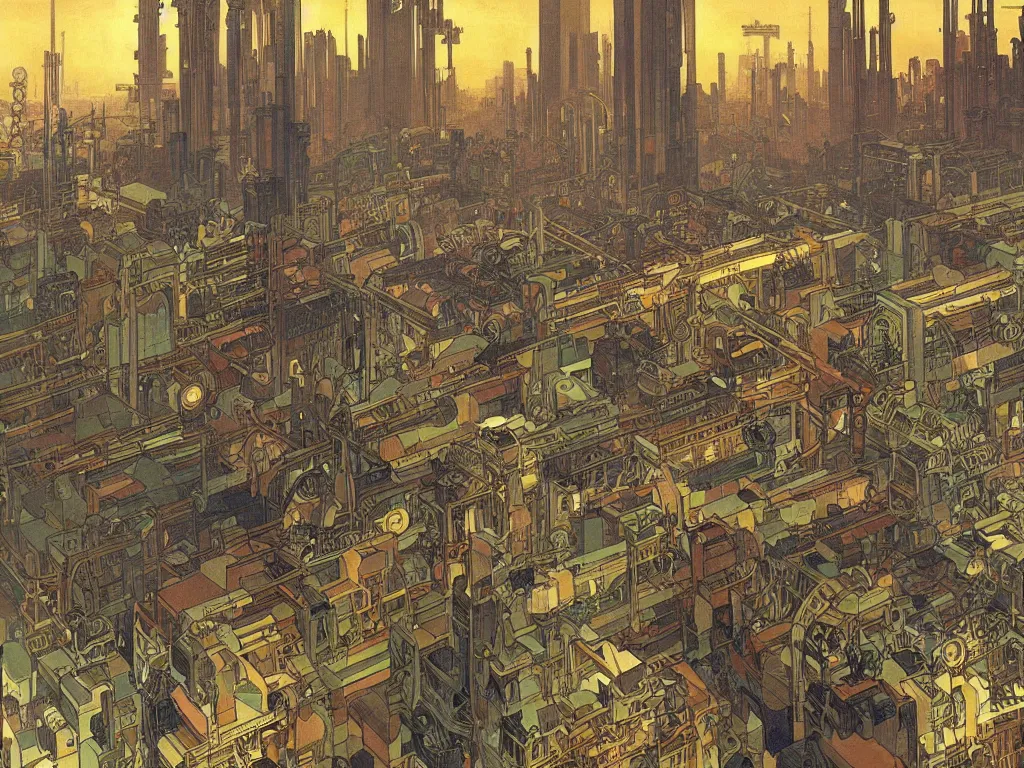 Prompt: industrial neighborhood in a cyberpunk city, by alphonse mucha, dynamic composition, dramatic lighting, hyper - realistic, ultra detailed
