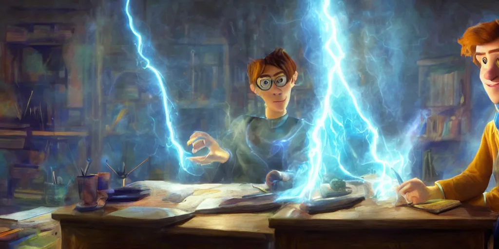 Image similar to a young caucasian male mage they are in a alchemy workshop working at there desk. colorful, light rays, medium shot, waist up, sharp, bloom, dramatic lighting, very detailed, by pixar, dreamworks and marvel