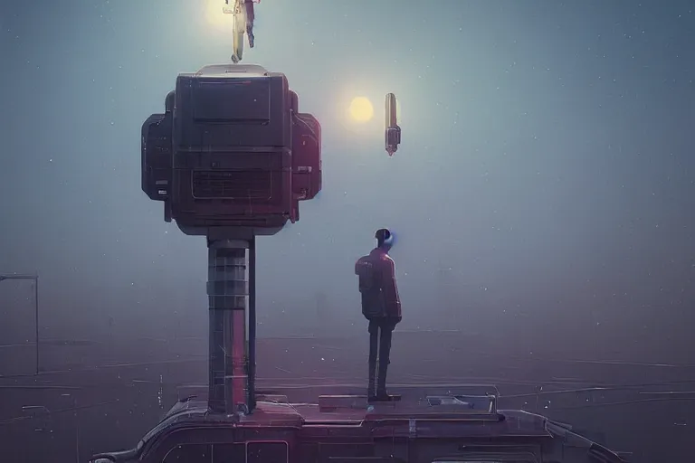 Image similar to the last on earth standing on top of street light, wide shot, sci fi, art by mike winkelmann, trending on cgsociety, retrofuturism, darksynth, sci - fi