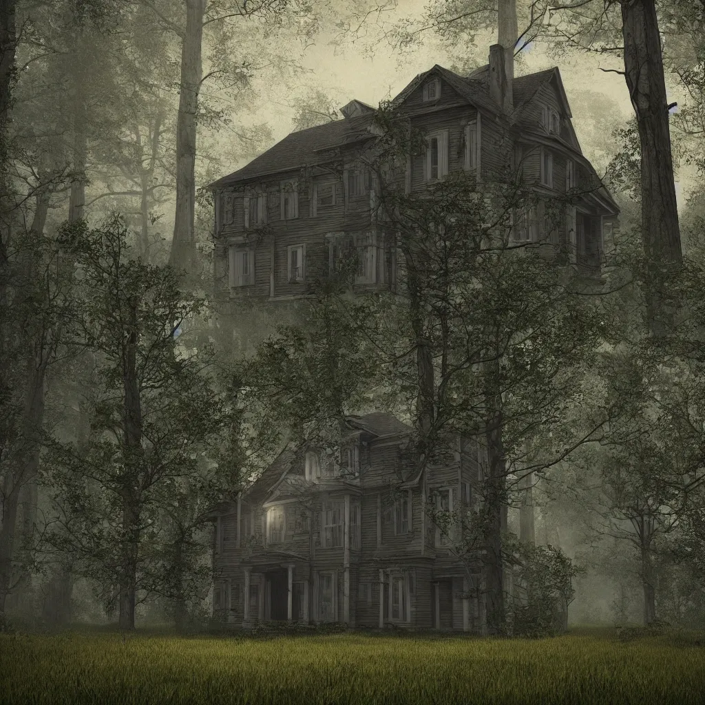 Prompt: big old house in a creepy forest, light, photorealistic, 4k,