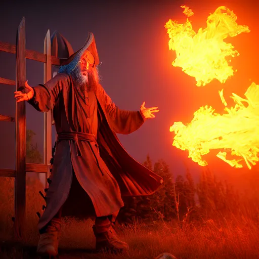 Image similar to A wizard launching a fireball at a giant wooden gate, 4k, highly detailed, octane render, vray, cinematic lighting