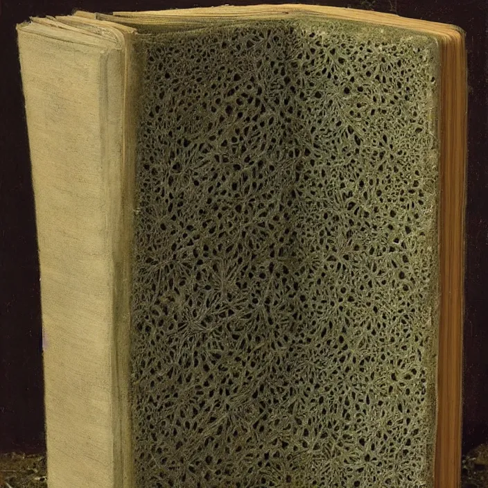 Prompt: a book with overgrown mold, moth. painting by frank sedlacek.