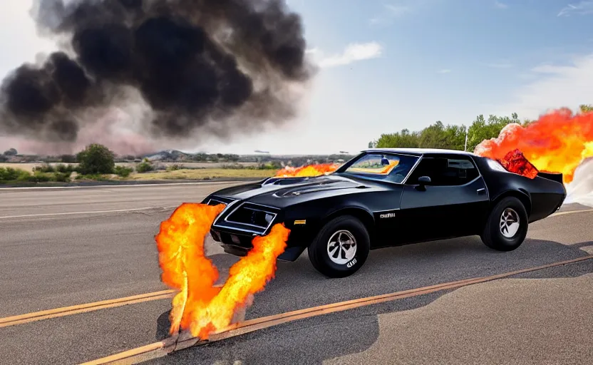 Prompt: a black 1 9 7 3 pontiac firebird trans am sd - 4 5 5 driving high speed, fire explosion in the background, action scen. realistic