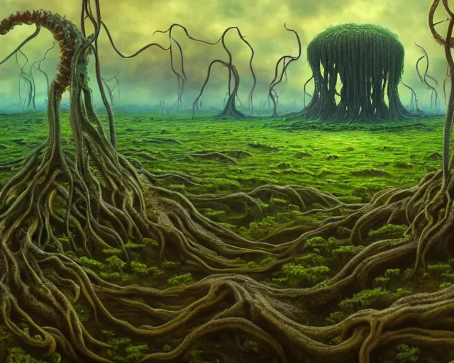 Prompt: A surreal swampy landscape with tall tentacular roots rising out of the ground like an alien planet, no vegetation except for small plants, wide-angle lens effect, creeper, low-poly, cinematic. 16k render. Impressionist painting style. Matte painting, hyperrealistic, photorealism, detailed. HDR lighting. Widescreen format, HDR. Film grain. Wide screen format, HDR.