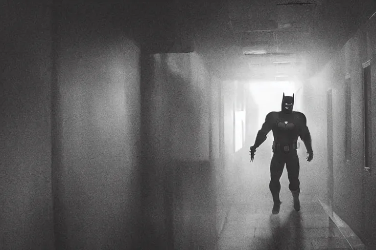 Prompt: batman wielding axe, chasing man through hallway, atmospheric eerie lighting, bodycam footage, photograph