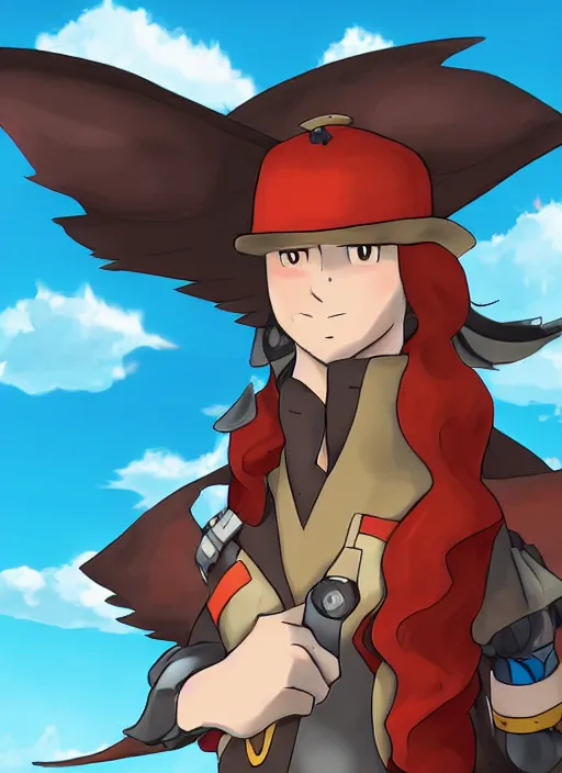 Image similar to A pokemon style portrait of a long haired, red headed male sky-pirate in front of an airship