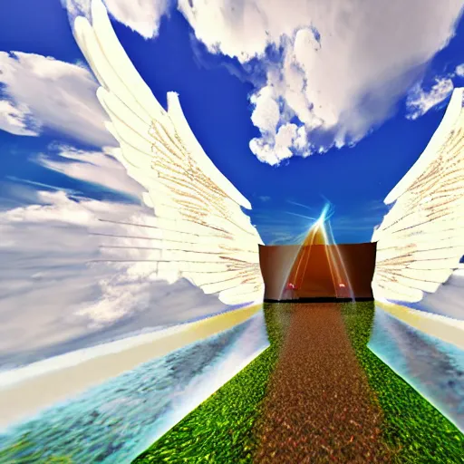 Prompt: angelical portal opening in the sky, first person point of view