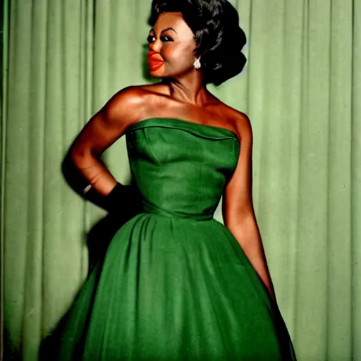 Prompt: colorized photo of a beautiful and elegant 1 9 5 8 black actress in a green gown