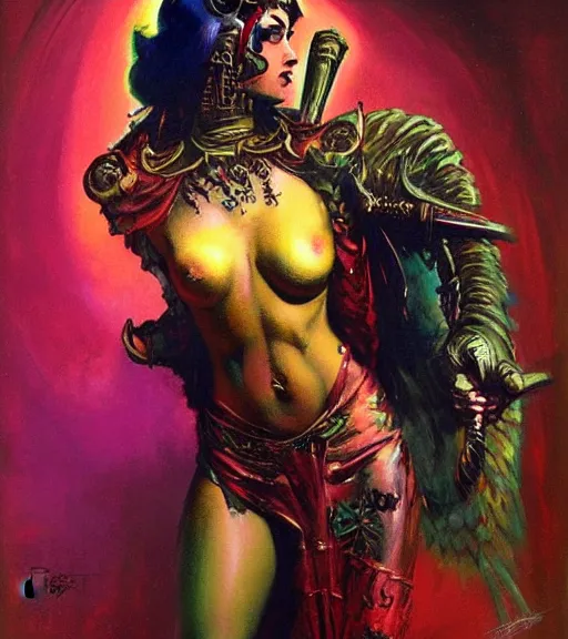 Image similar to portrait of junoesque iranian female chaos angel, beautiful! coherent! by frank frazetta, by brom, strong line, vivid neon color, shining metal power armor, iron helm, high contrast, maximalist