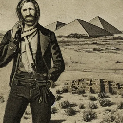 Prompt: 19th century scruffy american trapper, standing next to desert oasis, sphinx and pyramids in background, pulp science fiction illustration