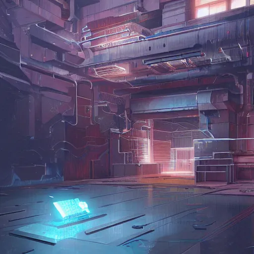 Prompt: imposing cyberbunk bank vault, detailed digital illustration by greg rutkowski, android netrunner