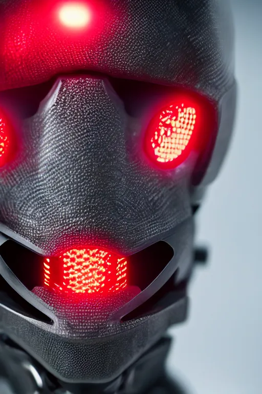 Image similar to closeup shot of a carbon black cyborg, macro shot, dof, cinematic, volumetric lighting, studio shot, red light, 4 k, highly detailed