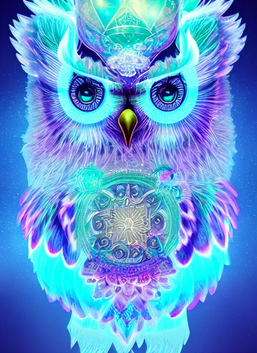 Image similar to symmetry!! product render poster vivid colors divine proportion owl, ice and snow, glowing fog intricate, elegant, highly detailed, digital painting, artstation, concept art, smooth, sharp focus, illustration,