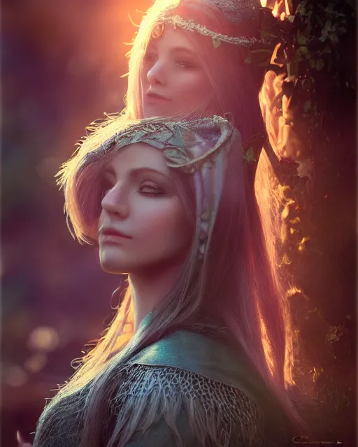 Prompt: A beautiful, fully clothed elven maiden; soft lighting; portrait by Craig Mullins; bokeh, 90mm, f/1.4