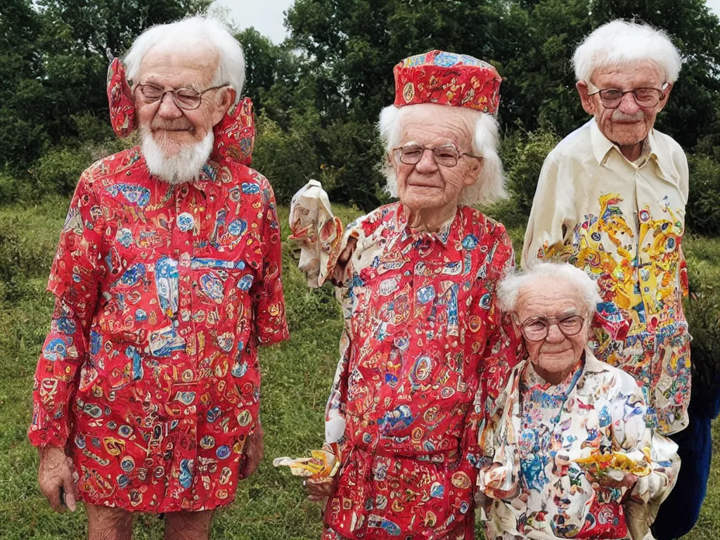 Image similar to a martin parr photo of a grandpa couple, wearing codex seraphinianus costumes