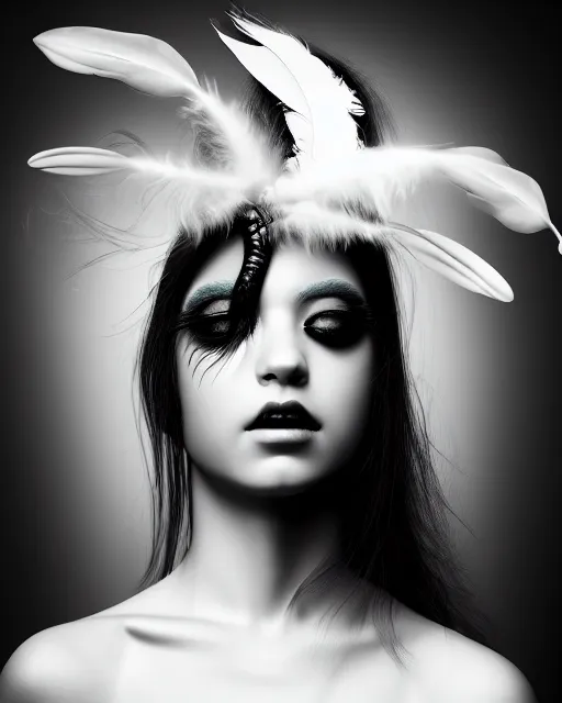 Image similar to surreal mythical dreamy dark artistic black and white fine art 3 / 4 portrait photo of a young delicate mutant female - orchid - bird - cyborg with feather hair, rim light, cinematic, studio dramatic light, poetic, octane render, 8 k, photo - realistic