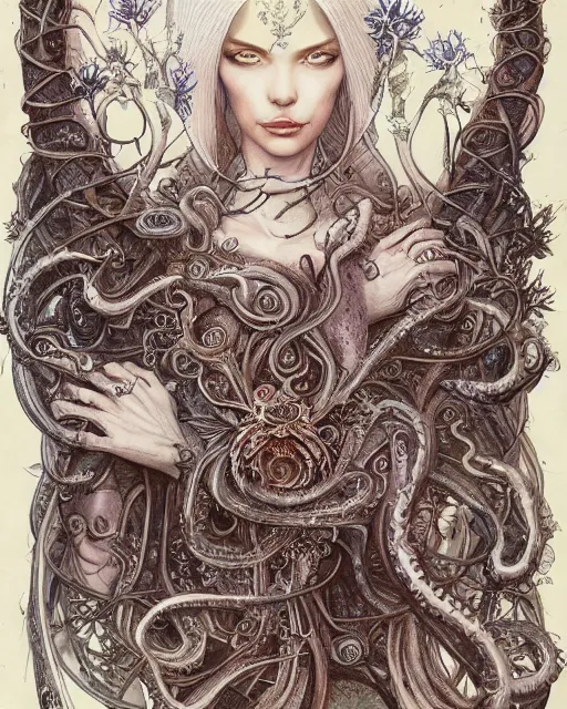 Image similar to centered beautiful detailed front view portrait of a woman with ornate tentacles and flowers growing around, ornamentation, flowers, elegant, dark and gothic, full frame, by wayne barlowe, peter mohrbacher, kelly mckernan, h r giger