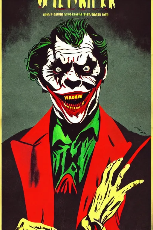 Prompt: Willem Dafoe as the Joker on a 1960s horror movie poster , vintage 60s print, detailed, scary, horrifying, screen print, trending on artstation