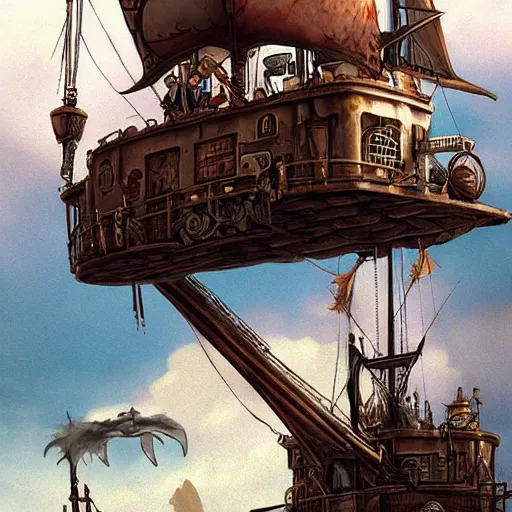 Image similar to Red headed sky-pirate standing onboard his steampunk airship, epic fantasy art style HD