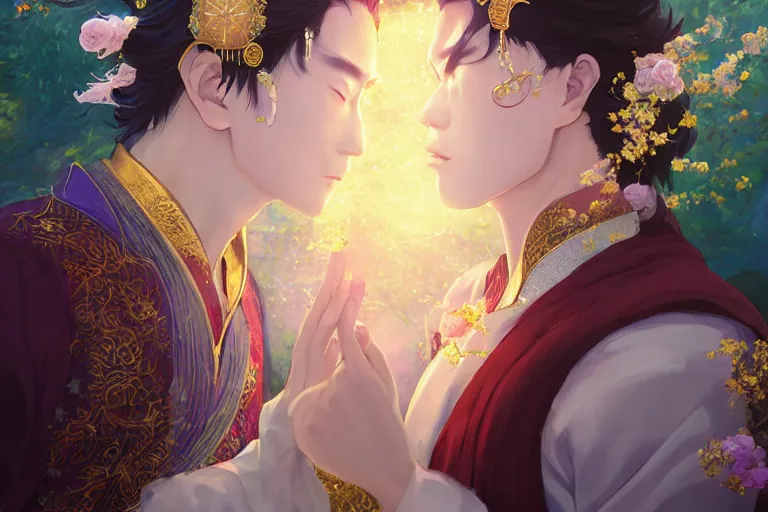 Image similar to a dreamlike portrait of wedding photograph close up moment of a divine a taiwan sun god and moon goddess lovers magician at a wedding banquet. portraiture. digital painting. artstation. concept art. fantasy wedding photo. digital painting, 8 k realistic, hyper detailed, by makoto shinkai and akihiko yoshida and hidari and wlop