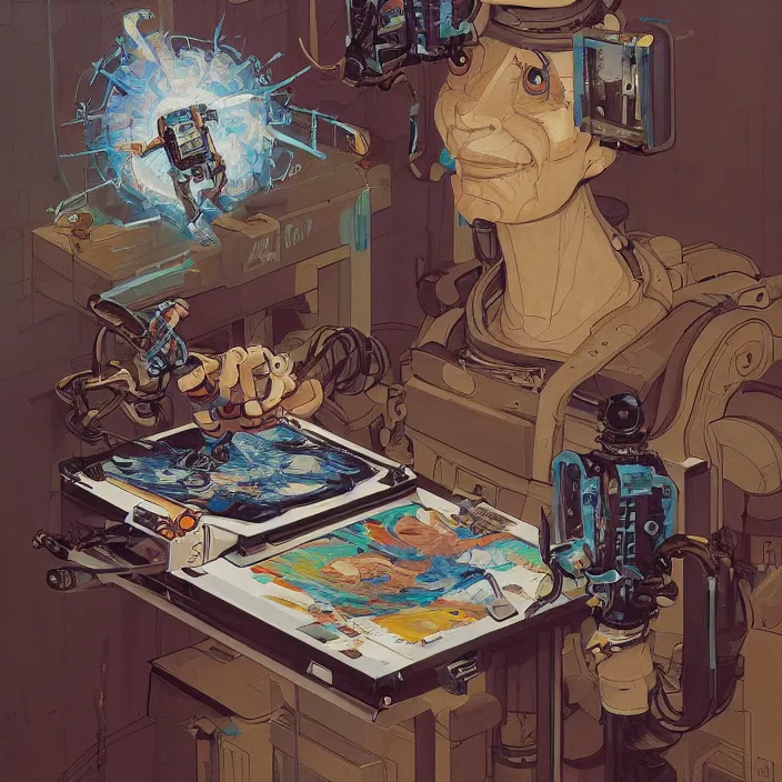 Image similar to robot artist painting a self - portrait on a canvas. intricate, highly detailed, digital matte painting, in the style of alexandros pyromallis, and in the style of sachin teng, and in the style of hans thoma, and in the style of william andrew loomis. irony, recursion, inspiration.