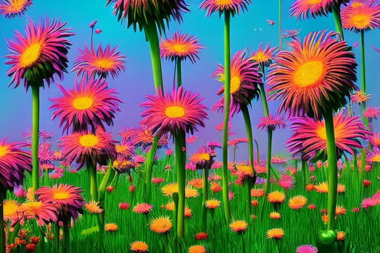 Image similar to beautiful field of giant gerber daisy flowers digital illustration by dr. seuss : 1 | colorful surreal psychedelic megaflora forest by beeple : 1