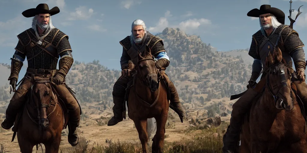 Image similar to geralt from rivia riding on a horse in wild west with hat and revolver