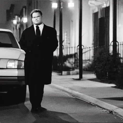 Image similar to 1 9 9 8 andy richter wearing a black wool coat and necktie in his car walking a dark residential street in chicago at night, dimmed yellow streetlights