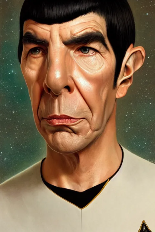 Image similar to photorealistic portrait photograph of spock as a glorious regal space king, sleek outfit, upper body, fantasy, handsome, depth of field, soft focus, highly detailed, intricate, realistic, national geographic cover, soft glow, textured, artstation, concept art, sharp focus, illustration, art by artgerm and greg rutkowski and alphonse mucha