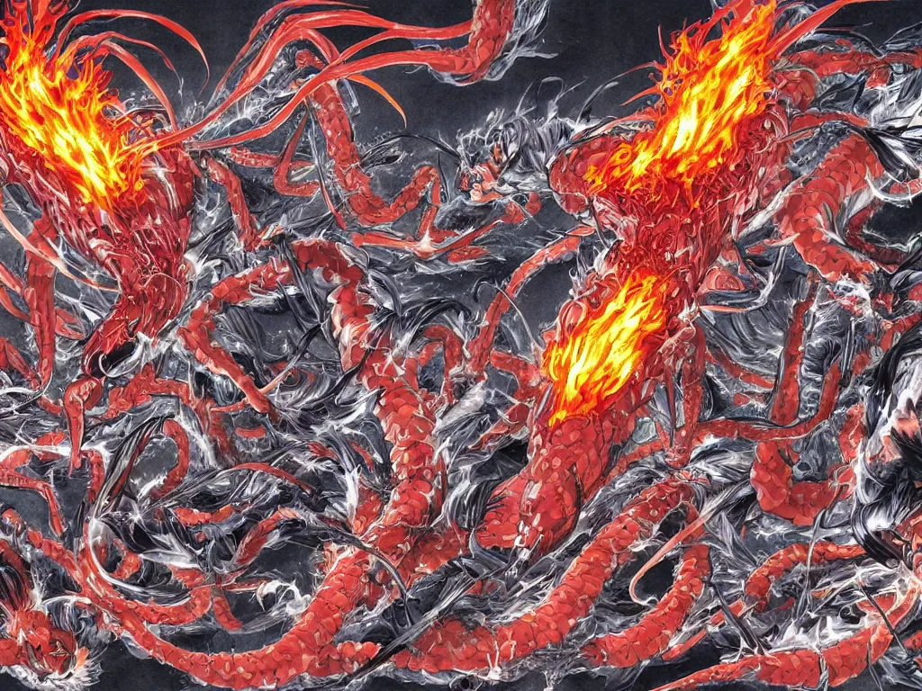 Prompt: manga double spread illustration of a flaming centipede by yusuke murata