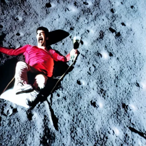 Image similar to color photography of Freddy mercury laughing while having a picnic on the moon