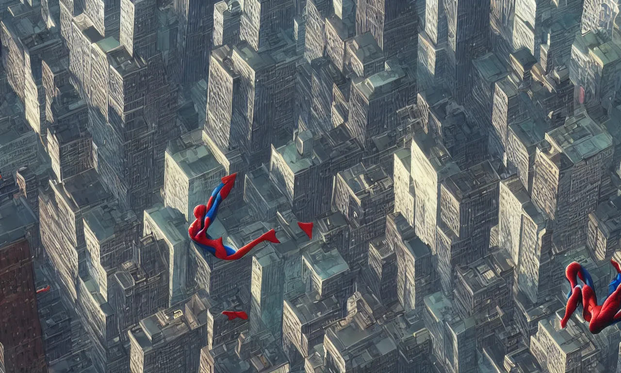 Image similar to spiderman in a wide city of new york, cinematic lighting, style by makoto shinkai