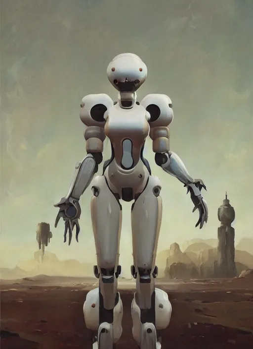 Image similar to a sensual oil painting of a giant pristine white humanoid feminine figure mecha with rounded components by simon stalenhag, inspired by nier automata, clean white lab background