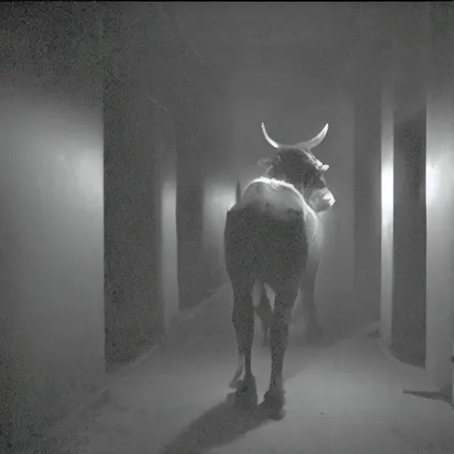 Image similar to hi - 8 night vision camera footage of a barely visible, bipedal minotaur with shrouded in darkness at the end of an extremely dark hallway