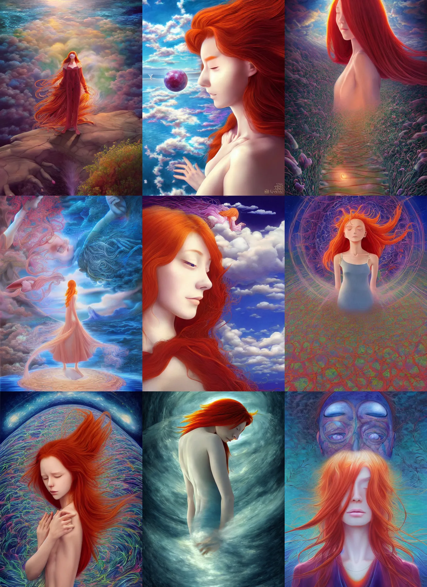 Prompt: a redhead woman falls into a dream within a dream within a dream within a dream within a dream, alex grey, salvador dali, fractal, surreal art, semi realistic anime, studio ghibli, makoto shinkai, award winning illustration, masterpiece, 8 k, trending on pixiv