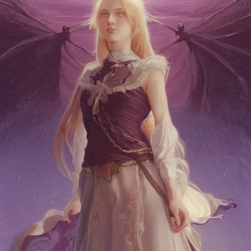 Prompt: portrait of a beautiful cute blonde violet evergarden with big red eyes, dark fantasy, intricate, elegant, highly detailed, digital painting, artstation, concept art, smooth, sharp focus, illustration, art by artgerm and greg rutkowski and alphonse mucha