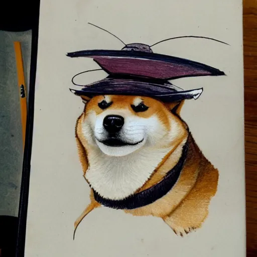 Image similar to A sketch of a shiba inu dog with a sombrero on its head