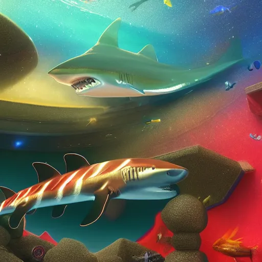 Image similar to Cosmic Shark for maintenance by an unprofessional cyber mackerel, colourful explosion behind. 4K 64 megapixels 8K resolution DSLR filmic HDR Kodak Ektar wide-angle lens 3D shading Behance HD CGSociety Cinema 4D IMAX shadow depth rendered in Blender Unreal Engine hyperrealism photoillustration, lots of reflective surfaces, subsurface scattering