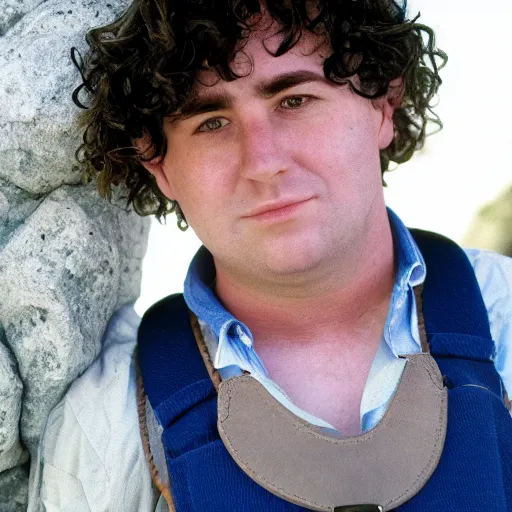 Image similar to close up headshot of a frowning clean shaven pudgy British lad with short curly dark brown hair as a hobbit wearing a white men's crossbody sling chest bag and blue vest, blue vest!! white crossbody chestbag!! high resolution film still, by Pamela Hanson