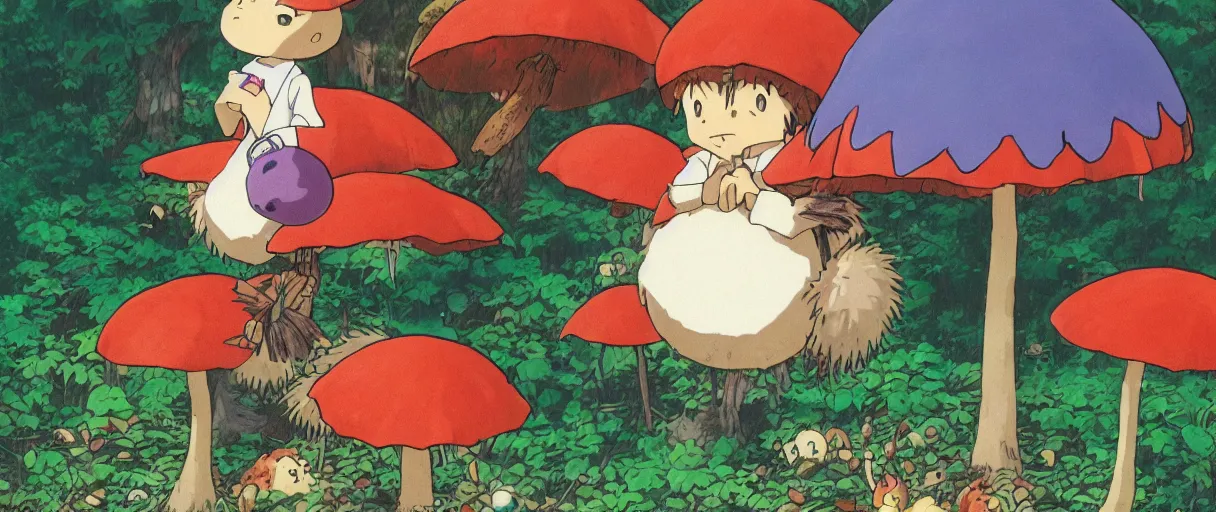 Image similar to anime by hayao miyazaki, hedgehog with purple needles hides under fly agaric from the rain