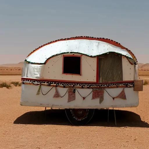 Prompt: a scenography of an old circus caravan in the middle of a desert.