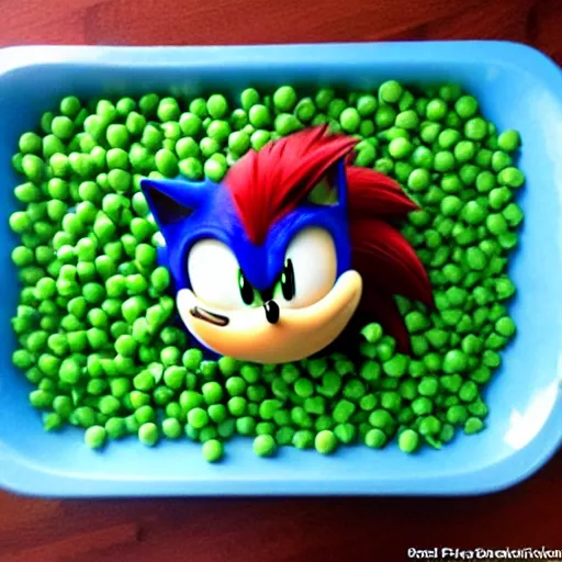 Prompt: sonic the hedgehog in a bath full of peas