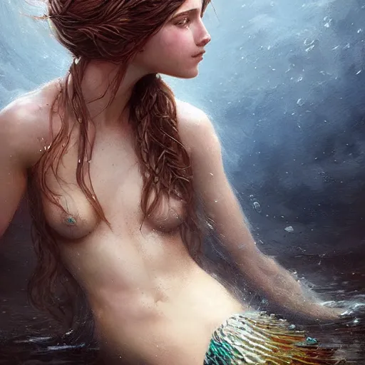 Image similar to beautiful girl turning into a mermaid, intricate, art by greg rutkowski, high detailed, 4 k,