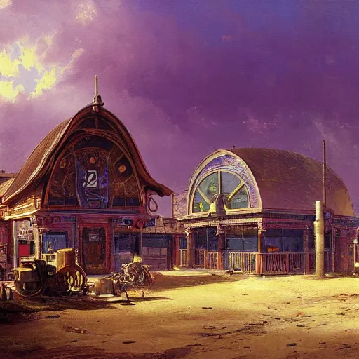 Prompt: painting of moebius artlilery scifi organic shaped gas station with ornate metal work lands on a farm, fossil ornaments, volumetric lights, purple sun, andreas achenbach