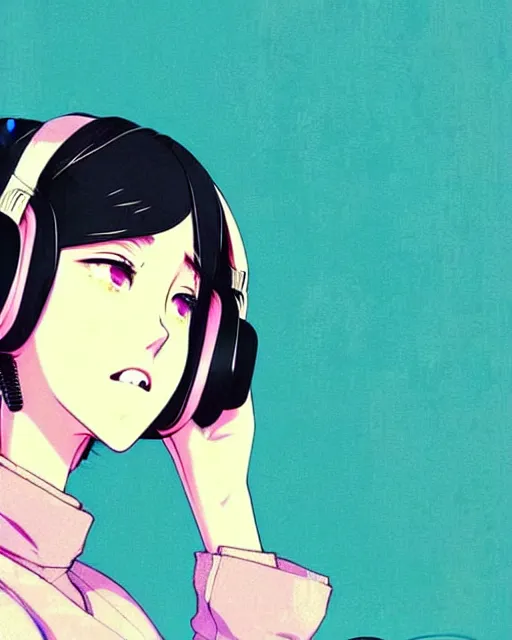 Image similar to girl wearing headphones, city background, very anime!!! anime!! intricate details, aesthetically pleasing pastel colors, poster background, art by conrad roset and ilya kuvshinov