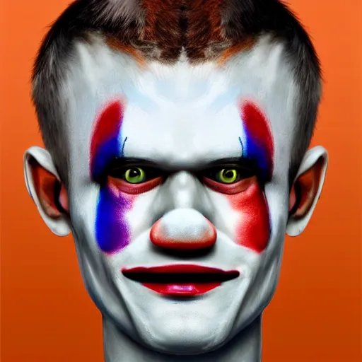 Prompt: UHD photorealistic Vitalik Buterin wearing a clown costume with accurate clown makeup by Greg Rutkowski